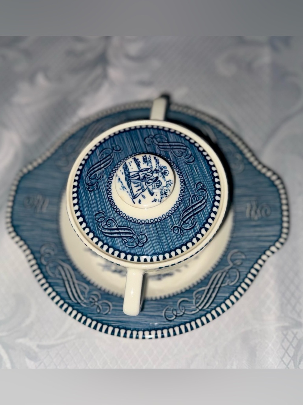 SOLD! -Currier & Ives Blue & White Sugar Bowl w/ Lid & Plate – Vintage - Picture 6 of 14